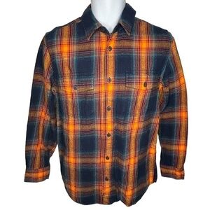 Falls Creek Mens Flannel Top Sz S Orange Blue Plaid Long Sleeve Button Down